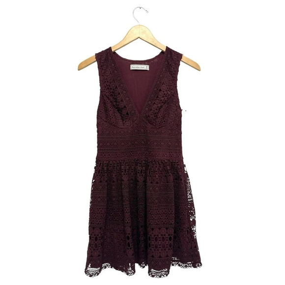 Abercrombie & Fitch Lace Crochet V-Neck Skater Dress Burgundy Mini Dark Romantic - Picture 7 of 14
